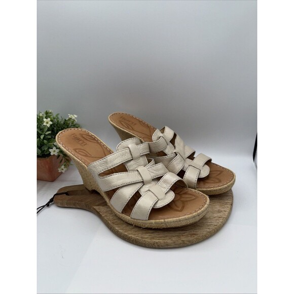 Born Sandals Tan Leather Woven Wedge Block Heel Slip-on Cross Strap Women Sz 9 - Picture 10 of 13